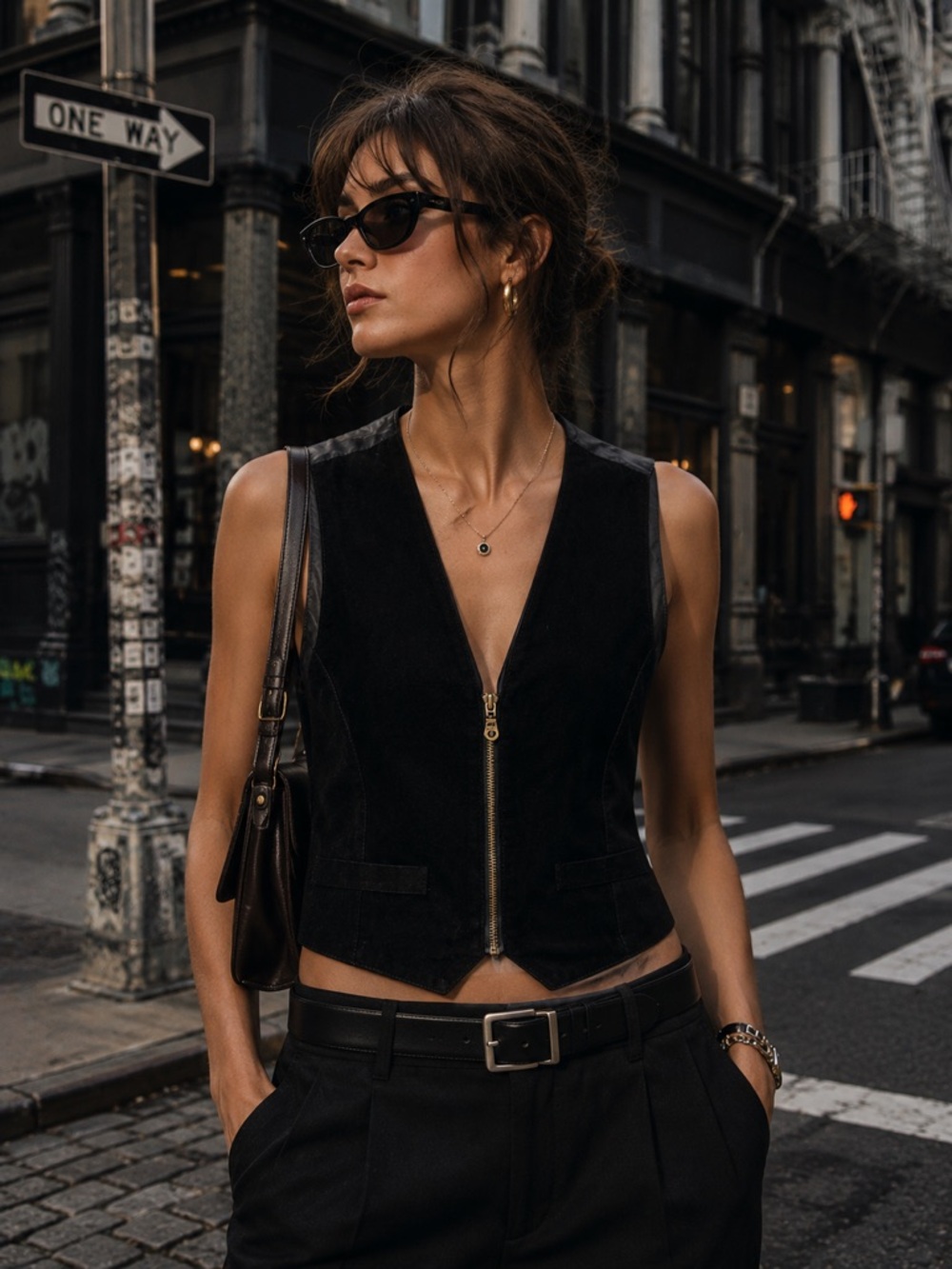 100% Leather Vintage Runaway Bay Black Vest with Gold Zipper
